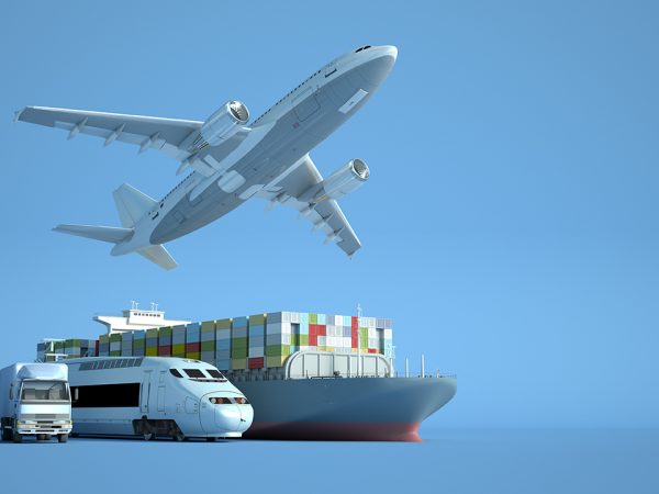 3D  rendering of a cargo container ship, a flying plain, a train, a car, a van and a truck