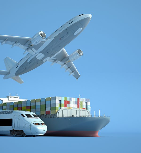 3D  rendering of a cargo container ship, a flying plain, a train, a car, a van and a truck